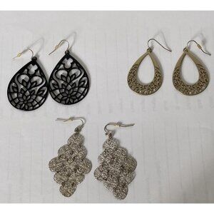 Unbranded Earring Lot 3 Pr Dangle Gold Tone Silver Tone Black Tone Metal